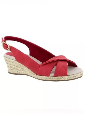 Easy Street Maureen Red Espadrille Wedge Sz 7.5 Wide Width BNWB